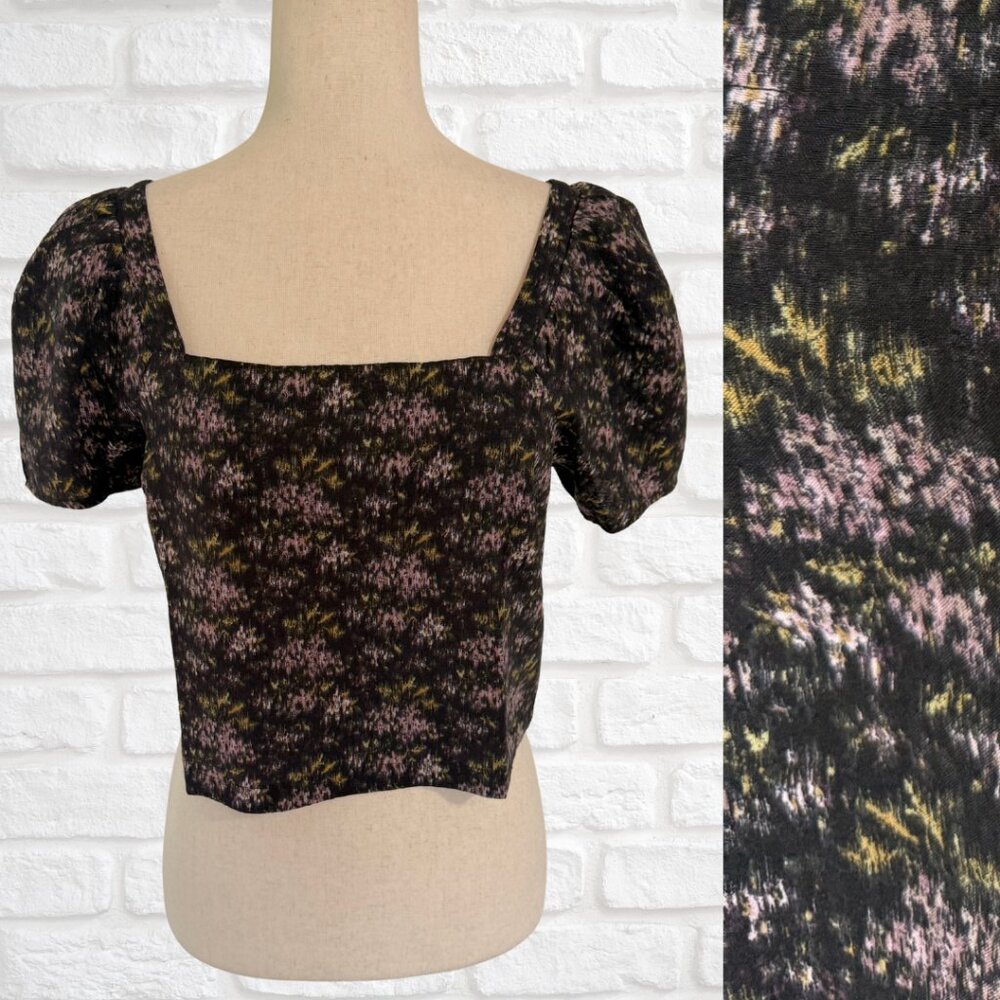 Madewell Size Small Square Neck Smocked Puff Short Sleeve Top Black Pattern